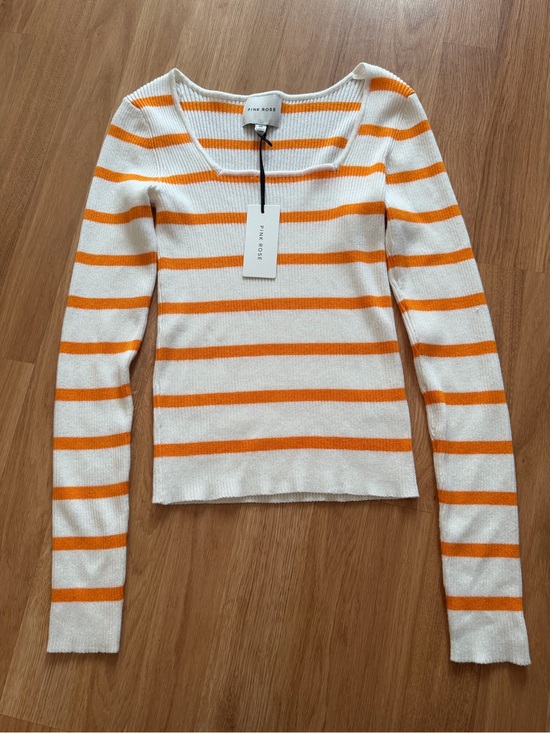 Pink Rose Tops - Pink Rose Cream and Orange Striped Long Sleeve Top